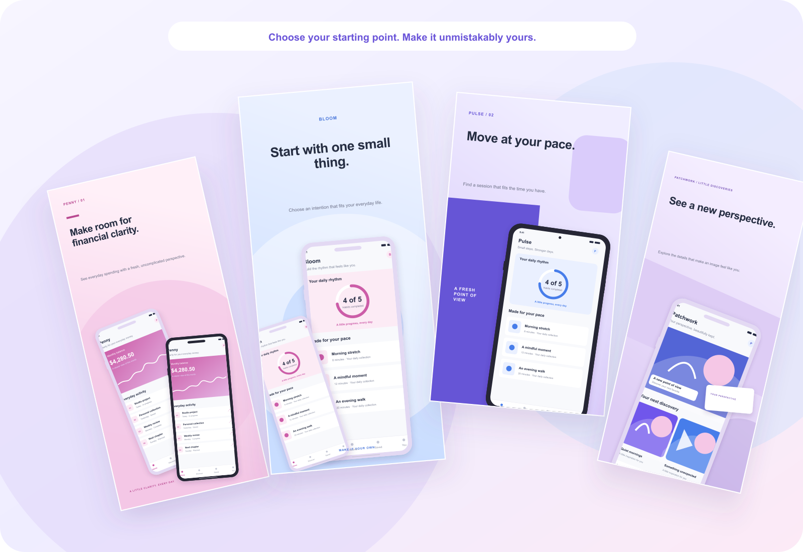 Original floating app screenshot cards in lavender and electric blue