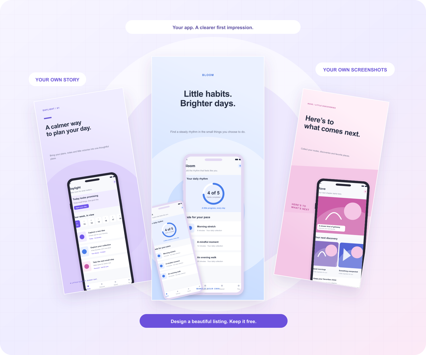 Original violet, pink, and blue screenshot compositions with fictional app interfaces