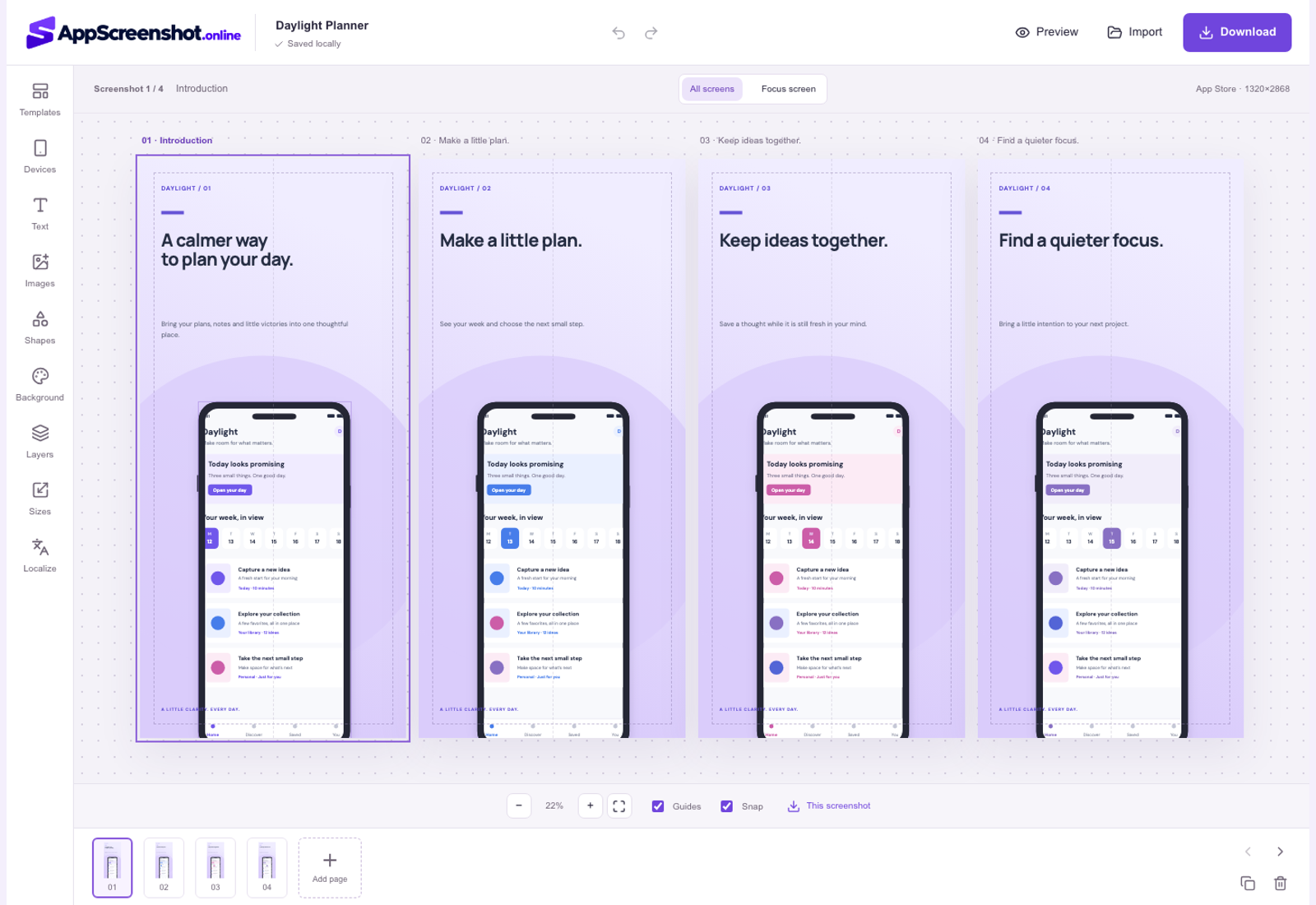 AppScreenshot.online workspace showing original editable app screenshot artboards