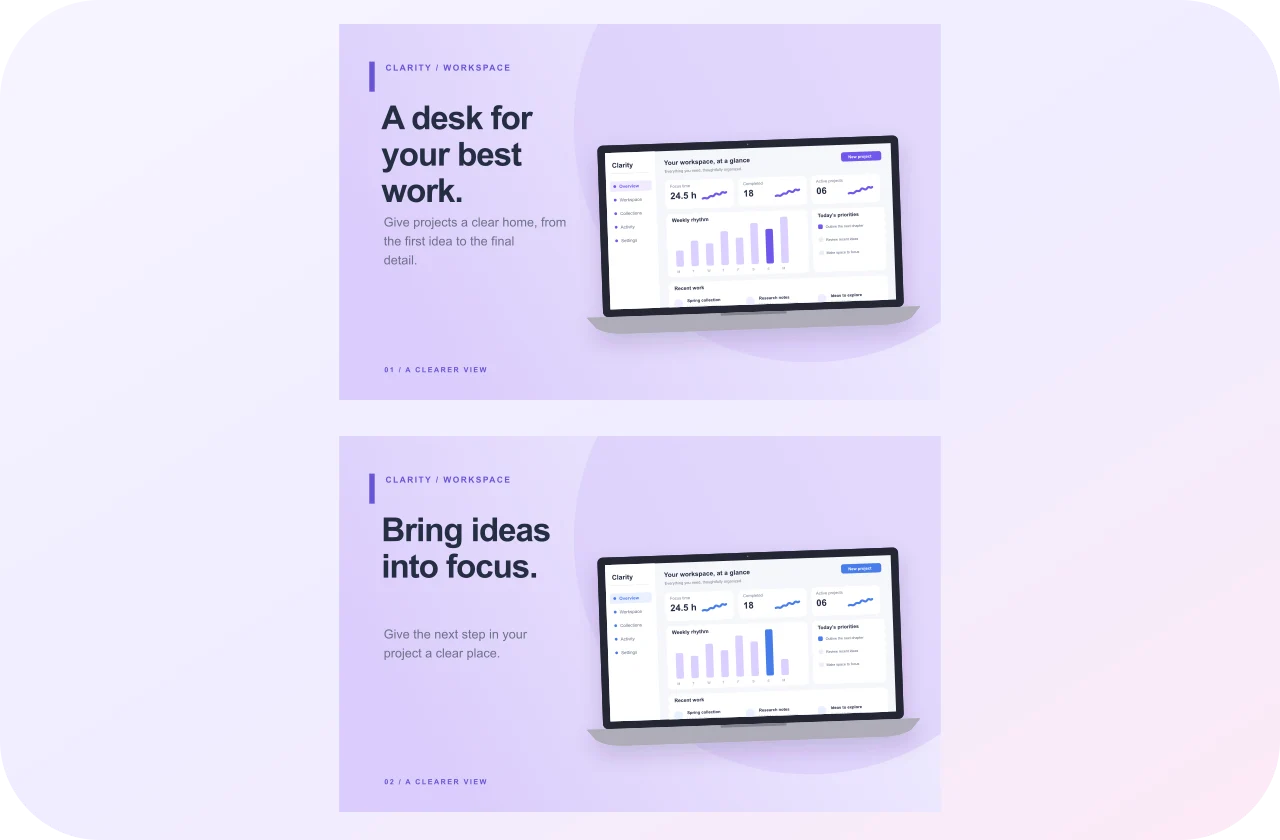 Clarity Desk, original Wide Workspace screenshot sequence