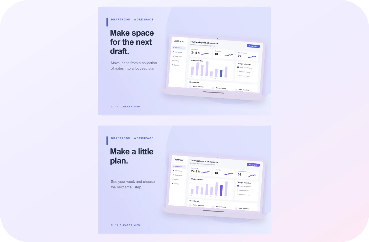 Draftroom Ideas, original Wide Workspace screenshot sequence