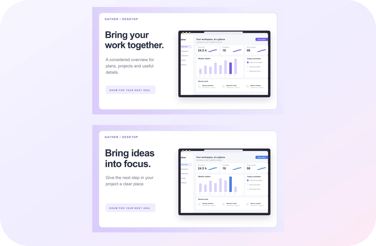 Gather Workspace, original Dashboard Mosaic screenshot sequence