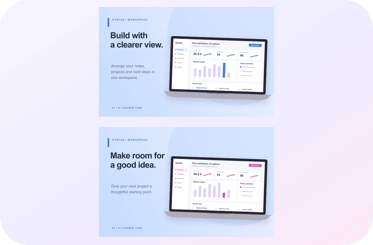 Syntax Studio, original Wide Workspace screenshot sequence